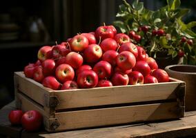 Young farmer with freshly picked apple in basket. Hand holding wooden box with vegetables in field. Fresh Organic Vegetables from local producers. AI geneeative. photo