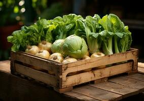 Young farmer with freshly picked Onions in basket. Hand holding wooden box with vegetables in field. Fresh Organic Vegetable. AI Generative. photo