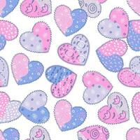 Seamless pattern of handmade pink and blue hearts on a white background. vector