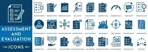 Assessment and evaluation line icons collection. Containing financial statement, audit, financial report, invoice. vector