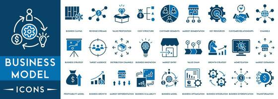 negocio modelo concepto íconos vector con de calidad, actuación, crm, lienzo, transacción vector Delgado íconos para informe, presentación, diagrama, web diseño