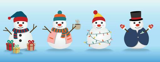 Snowman with Hot Cocoa, lights, and Present. Vector Illustration. The collection of snowmen wears the winter theme. Graphic resource about winter and Christmas for content.