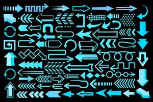 High tech arrow set. Collection of blue arrows for technological, futuristic, scientific designs. Pointer, cursor, navigational and directional arrow icons. vector