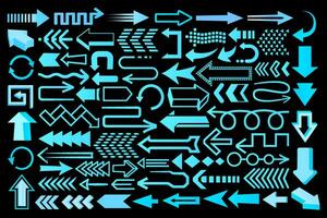 High tech arrow set. Collection of blue arrows for technological, futuristic, scientific designs. Pointer, cursor, navigational and directional arrow icons. vector