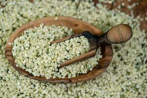 peeled hemp seeds on olive wood photo