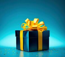 Blue gift box tied with a yellow ribbon. Bright blue back. AI Generative. photo