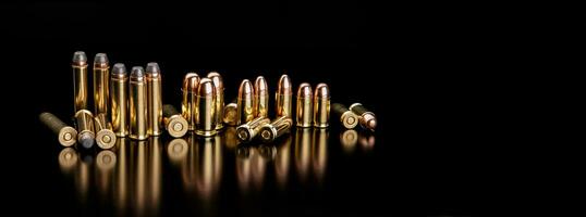 Bullet isolated on black background with reflexion. Cartridges for rifle and carbine on a black. Rifle bullets close-up on black back. photo