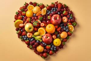 Heart shape created with fresh fruits on pastel isolated background.Healthy life concept.Top view.AI Generative photo