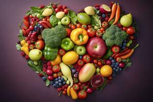 Heart shape created with fresh vegetables on pastel isolated background.Healthy life concept.Top view.AI Generative photo