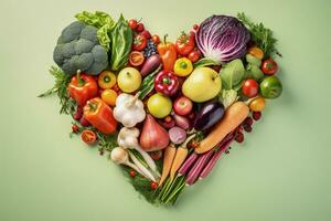 Heart shape created with fresh vegetables on pastel isolated background.Healthy life concept.Top view.AI Generative photo