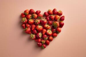 Heart shape created with strawberries on pastel isolated background.Healthy life concept.Top view.AI Generative photo