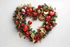 Heart shaped wreath created with Christmas decorations on isolated background.Top view.Copy and text space.AI Generative photo