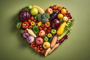 Heart shape created with fresh vegetables on pastel isolated background.Healthy life concept.Top view.AI Generative photo