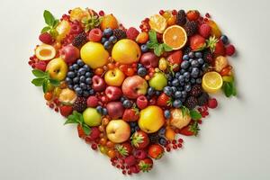 Heart shape created with fresh fruits on pastel isolated background.Healthy life concept.Top view.AI Generative photo