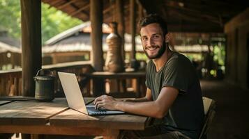 Young lifestyle digital nomad working on the laptop at Laos Ai Generated photo