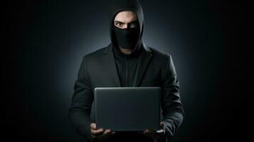 AI generated portrait hacker wearing suit holding the laptop on grey isolated background ai generated photo