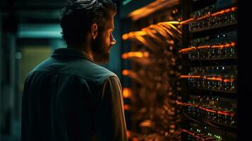 computer engineering working in the server room with ai generated photo