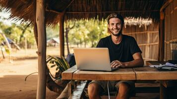 Young lifestyle digital nomad working on the laptop at Laos  ai generated photo