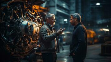Two Engineer talking at engine airplane constructions site with ai generated photo
