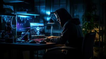 hacker working in the dark room with ai generated photo
