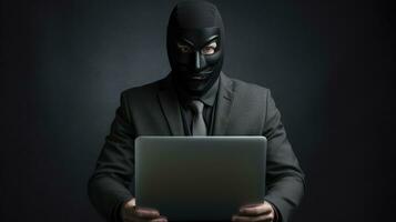 portrait hacker wearing suit holding the laptop on grey isolated background with ai generated photo