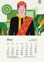 mayo mensual calendario con Indonesia nacional fiesta modelo diseño editable texto vector