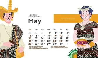 mayo 2024 calendario con Indonesia nacional fiesta paisaje modelo diseño editable texto vector