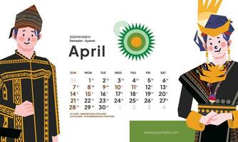 abril 2024 calendario con Indonesia nacional fiesta paisaje modelo diseño editable texto vector