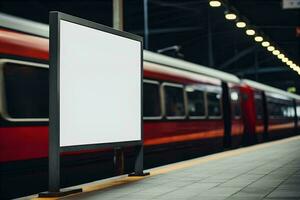 Blank square billboard mockup on subway station with a moving train. Generative AI photo