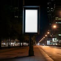 Blank black signboard mockup on sidewalk at night. Generative AI photo