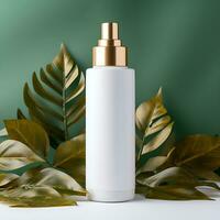 Blank white cosmetic spray bottle with gold lid on green background with leaves. Generative AI photo