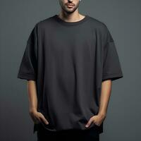 Man in blank black oversize t-shirt for design mockup, front view. Generative AI photo