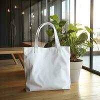 Blank white tote bag on wooden floor. Generative AI photo