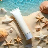 Blank white cosmetic tube on beach sand with starfish and shell. Generative AI photo