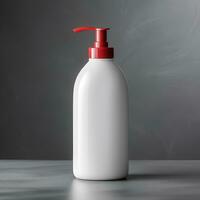 Blank white cosmetic pump bottle with red lid on grey floor and wall background. Generative AI photo
