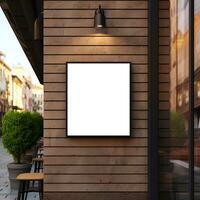 Blank rectangle signboard mounted on the restaurant wall with spotlight lamp. Generative AI photo