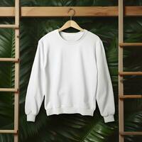 Blank white crewneck hanging on wood plank with palm leaves background. Generative AI photo