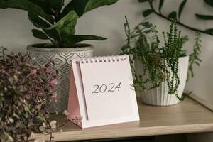 calendario 2024 y casa plantas en un estante foto