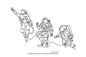 astronautas línea Arte vector. internacional día de humano espacio vuelo. vector