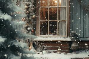 Snowy window with festive Christmas decorations.Generative AI photo