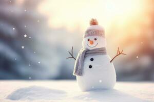 Snowman with hat and scarf in snowy landscape at sunset.Generative AI photo
