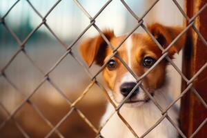 Brown and white puppy looking through a metal fence.Generative AI photo