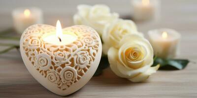 Carved wooden heart candle with white roses on table.Generative AI photo