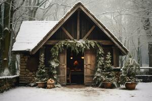 Nevado cabina adornado con Navidad decoraciones y calentar luces. generativo ai foto