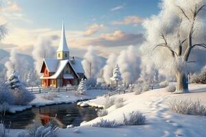 Snow-covered church by a river in a winter landscape. Generative AI photo