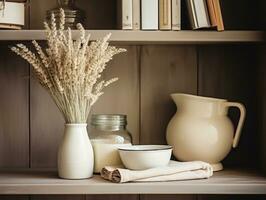 Rustic kitchen shelf with dried flowers and ceramics. Generative AI photo