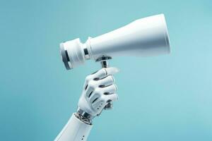 Robotic hand holding a white megaphone against blue background.Generative AI photo