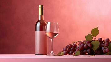 Bottle of wine and grapes on a pink background with grapes.Generative AI photo