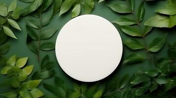 White round podium with green leaves on a green background. Generative AI photo