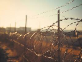 Barbed wire fence with sunset in the background. Generative AI photo